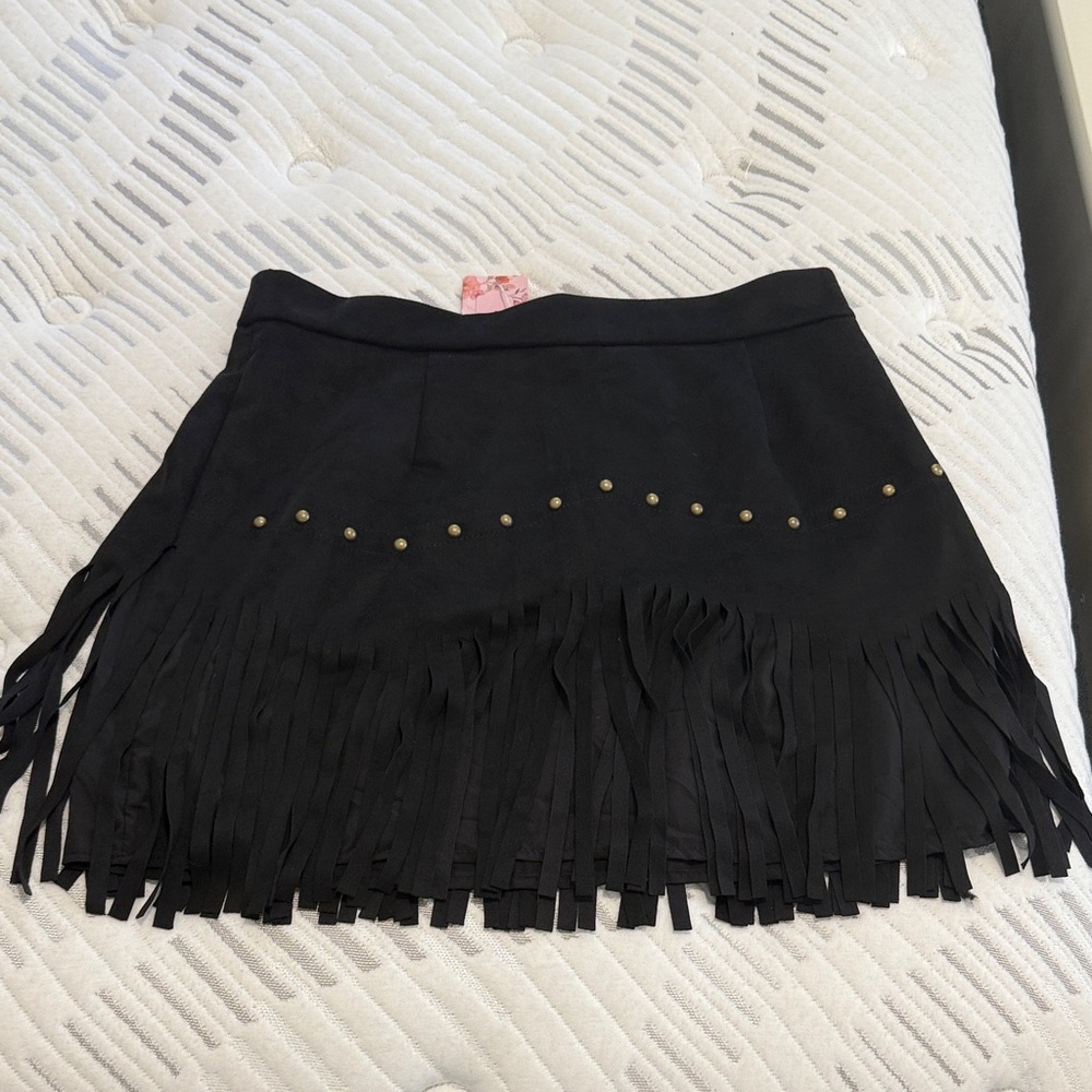 SHEIN Black Fringe Mini Skirt with Studs